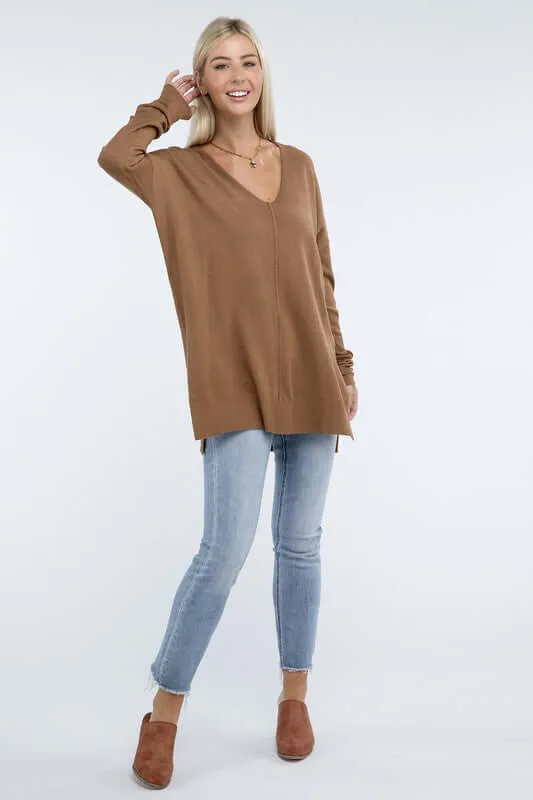 Hi-Low Hem V Neck Front Seam Sweater