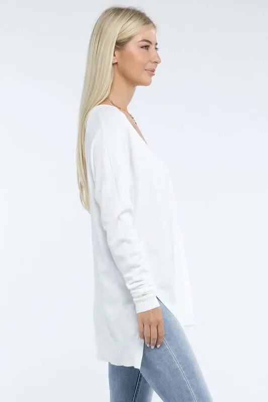 Hi-Low Hem V Neck Front Seam Sweater