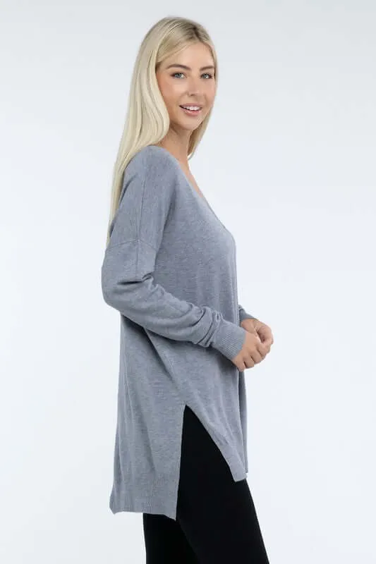 Hi-Low Hem V Neck Front Seam Sweater