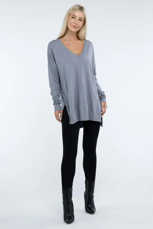 Hi-Low Hem V Neck Front Seam Sweater