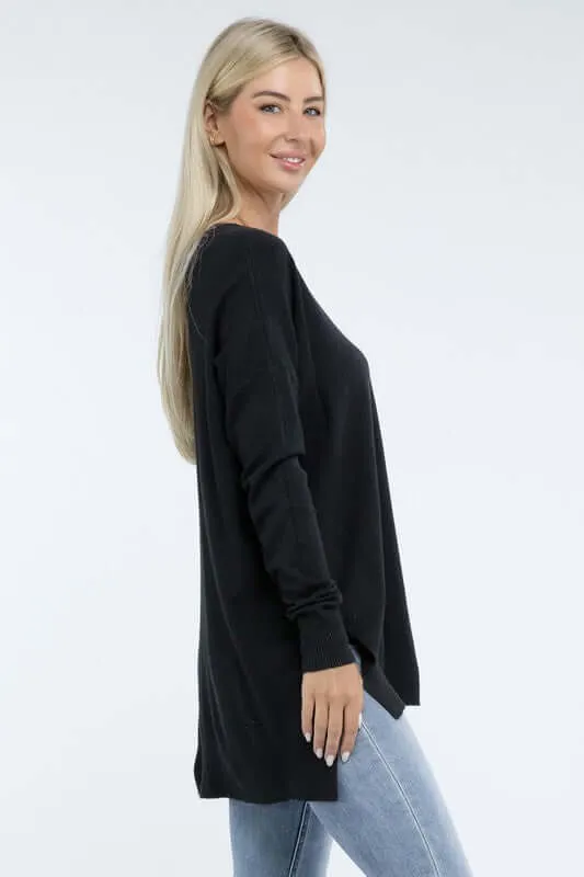 Hi-Low Hem V Neck Front Seam Sweater