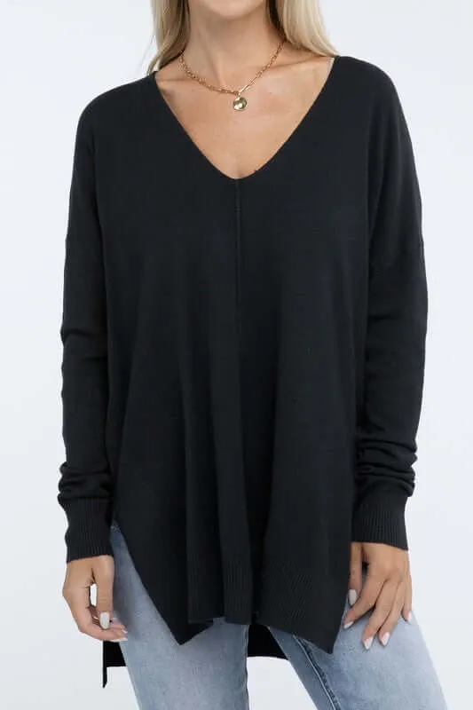 Hi-Low Hem V Neck Front Seam Sweater