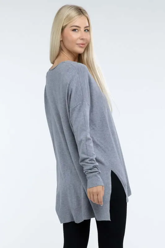 Hi-Low Hem V Neck Front Seam Sweater