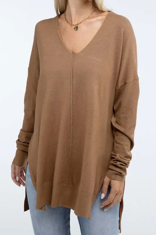 Hi-Low Hem V Neck Front Seam Sweater
