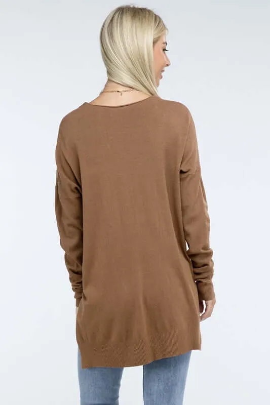 Hi-Low Hem V Neck Front Seam Sweater
