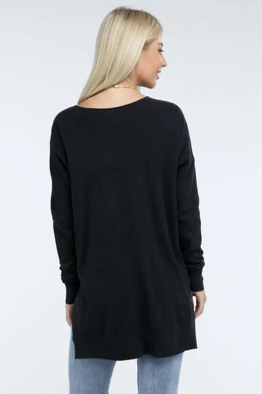 Hi-Low Hem V Neck Front Seam Sweater