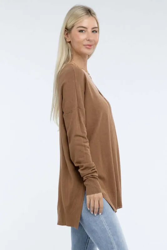 Hi-Low Hem V Neck Front Seam Sweater