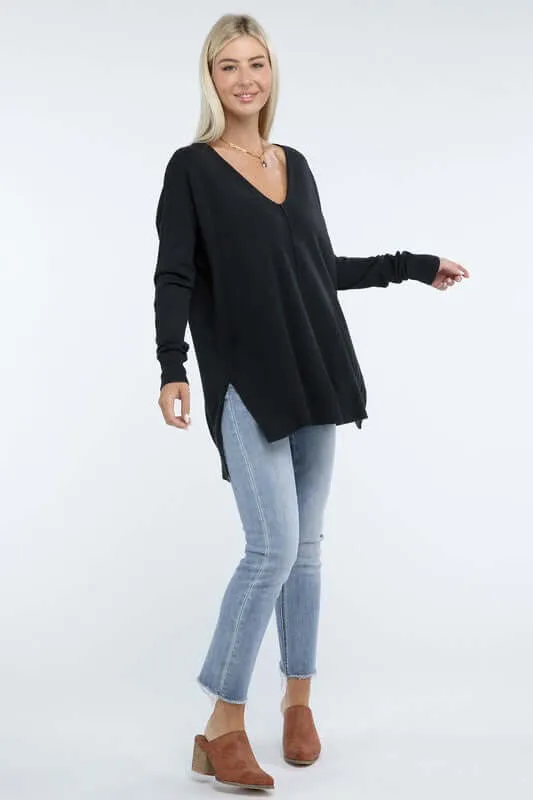 Hi-Low Hem V Neck Front Seam Sweater