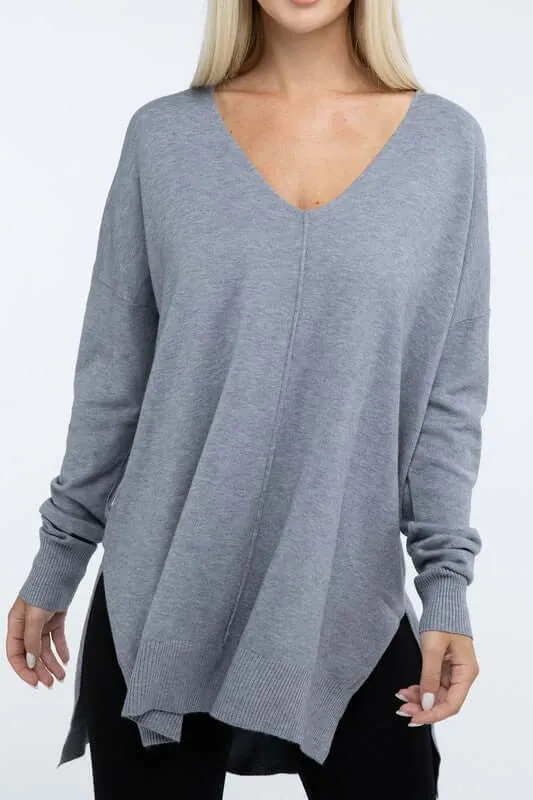 Hi-Low Hem V Neck Front Seam Sweater