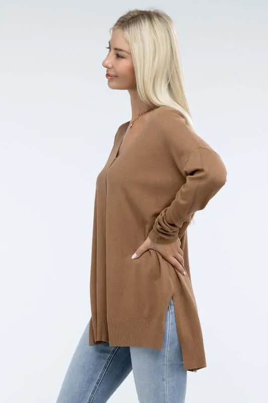 Hi-Low Hem V Neck Front Seam Sweater
