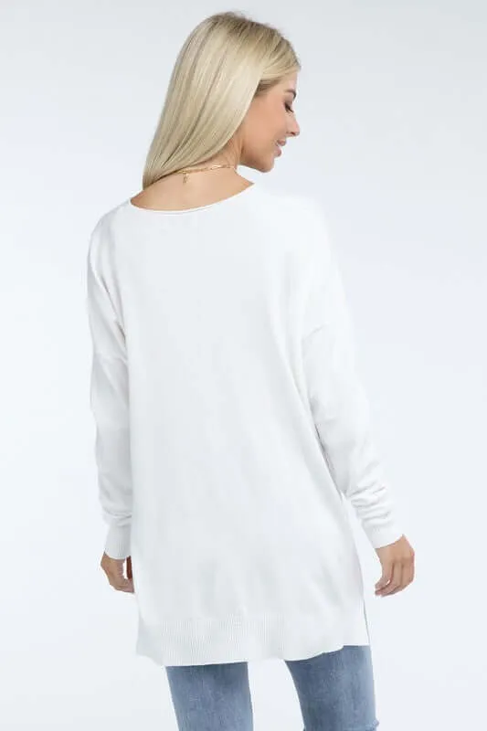 Hi-Low Hem V Neck Front Seam Sweater