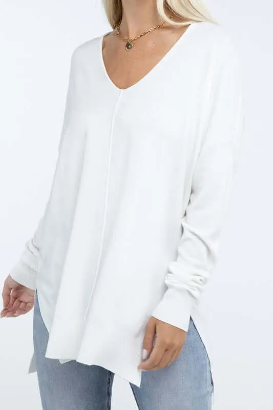 Hi-Low Hem V Neck Front Seam Sweater