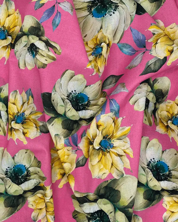 Hot Pink Yellow Floral Fabric | Multicolor Cotton Lawn Shirting 44W