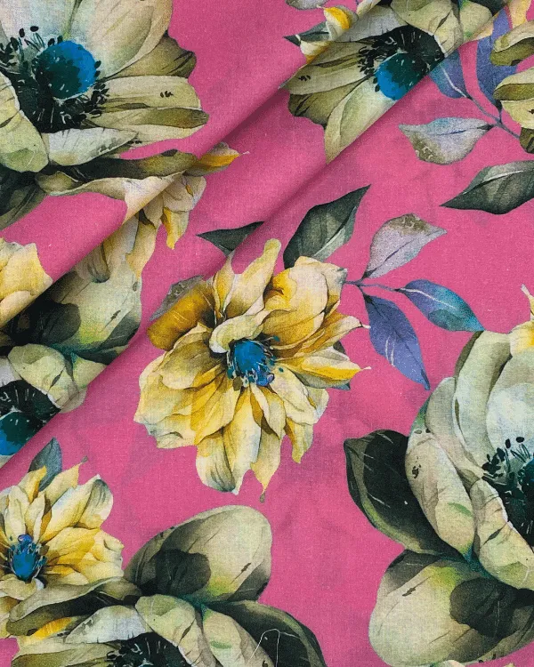 Hot Pink Yellow Floral Fabric | Multicolor Cotton Lawn Shirting 44W