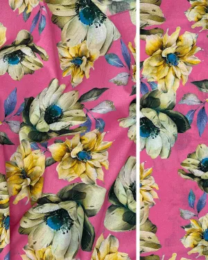 Hot Pink Yellow Floral Fabric | Multicolor Cotton Lawn Shirting 44W