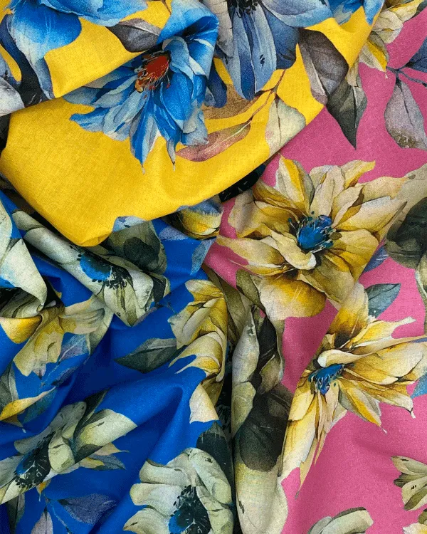 Hot Pink Yellow Floral Fabric | Multicolor Cotton Lawn Shirting 44W