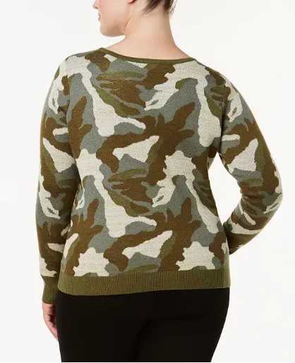 INC International Concepts Plus Size Metallic-Camouflage- Olive Drab