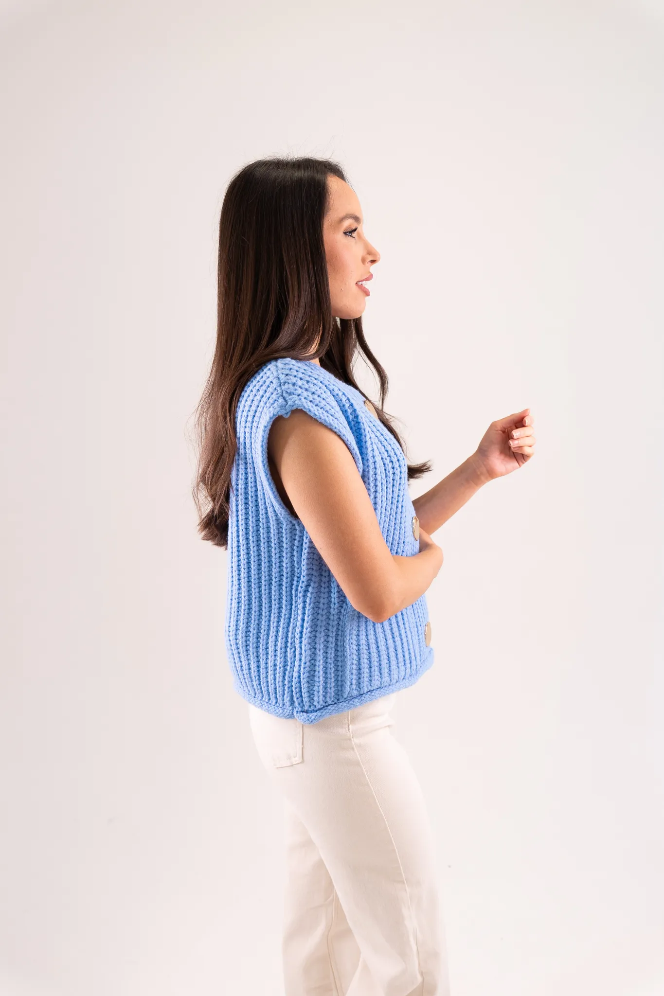 Kendra Sleeveless Ribbed Cardigan In Light Blue