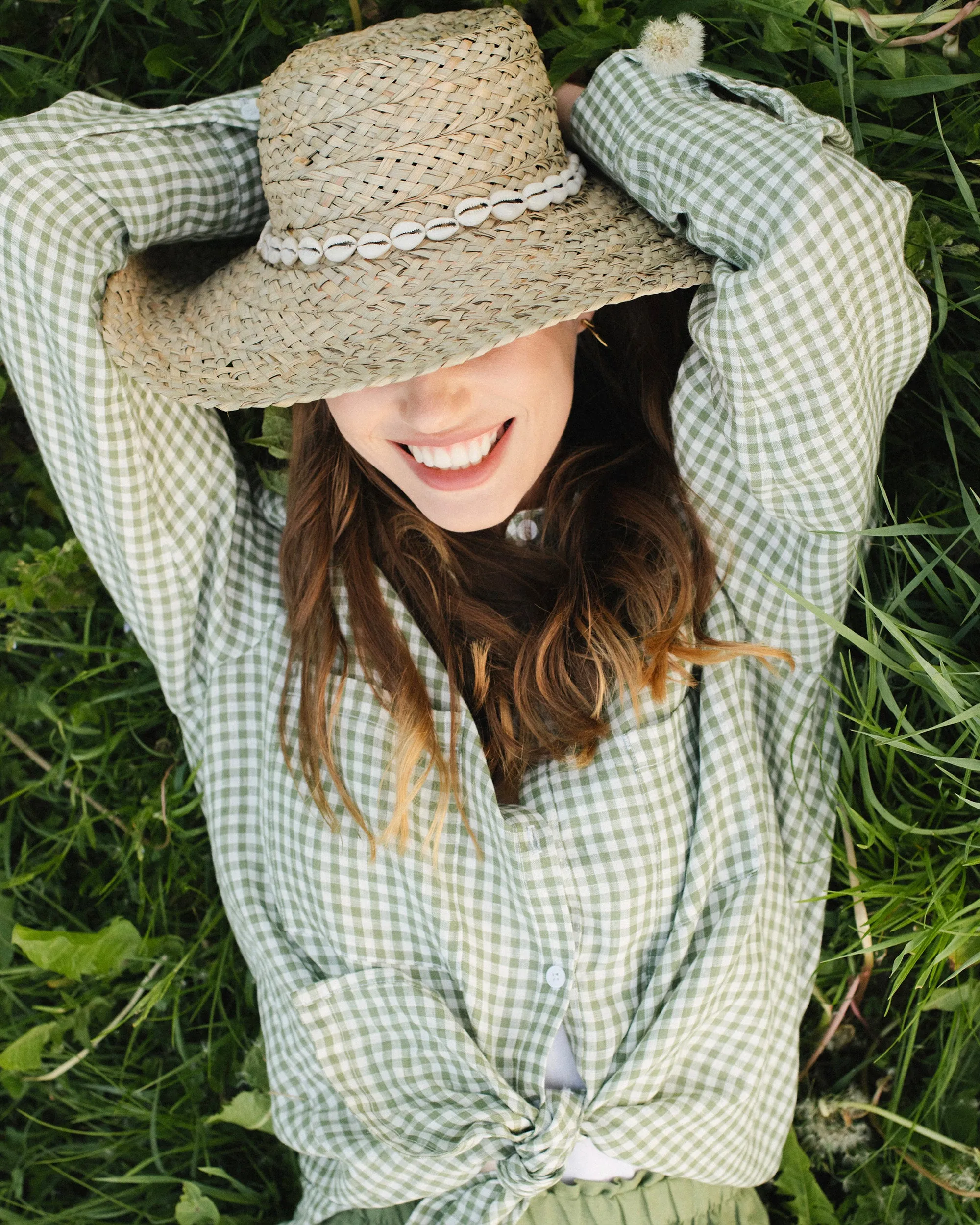 Long-sleeved linen shirt CALPE in Forest green gingham