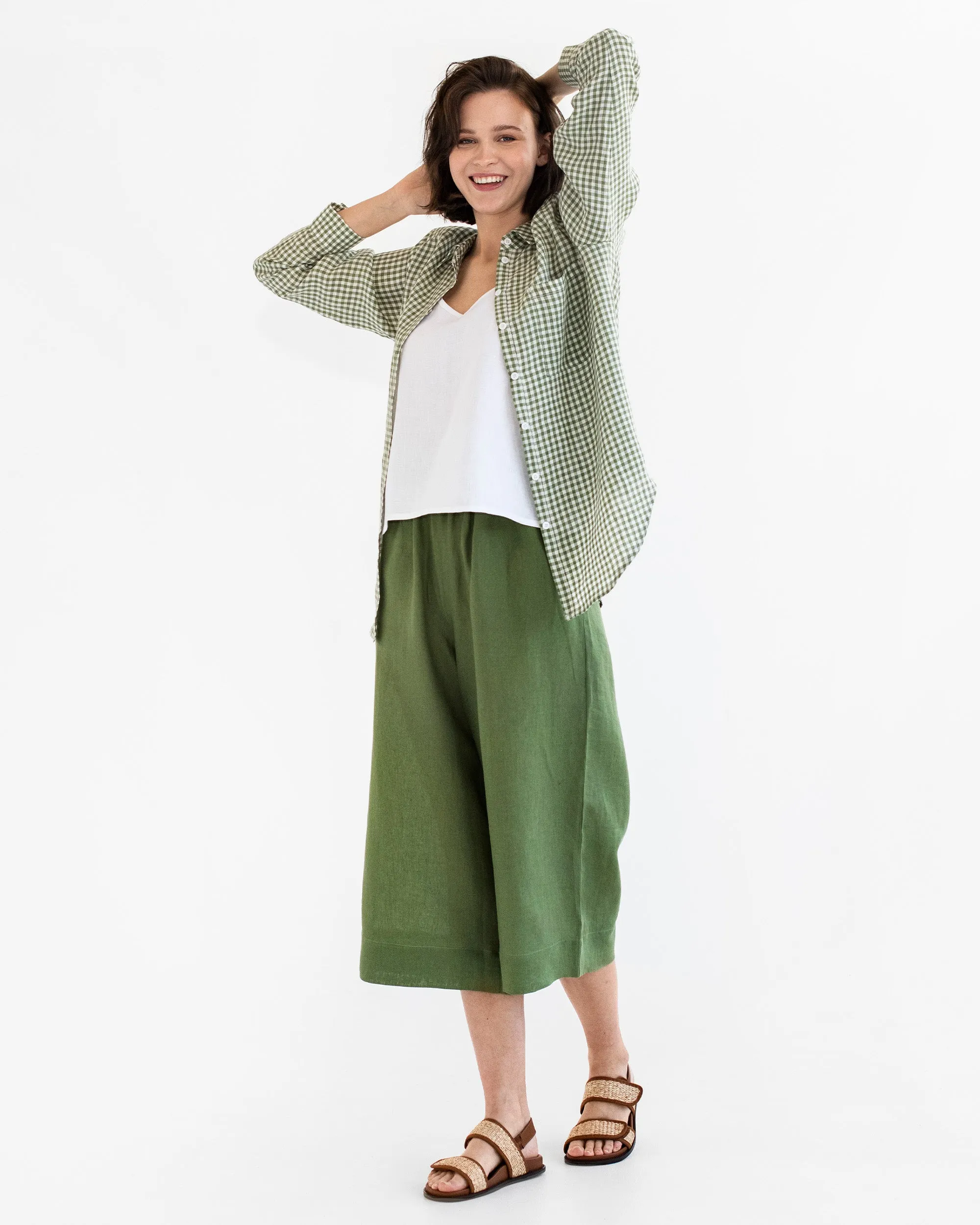 Long-sleeved linen shirt CALPE in Forest green gingham