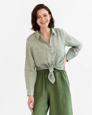 Long-sleeved linen shirt CALPE in Forest green gingham
