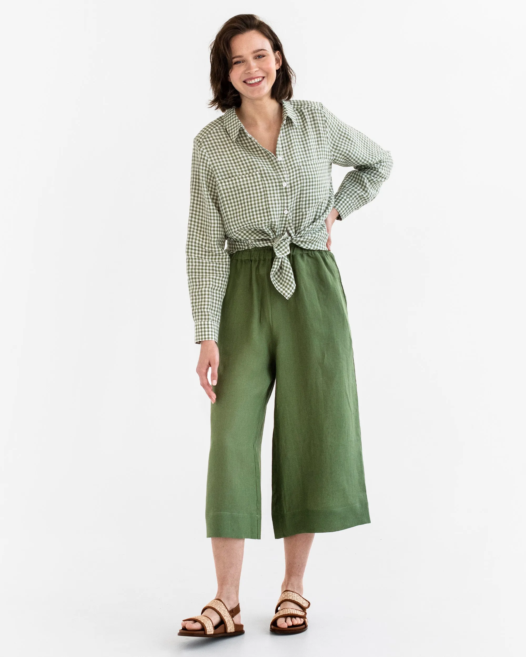 Long-sleeved linen shirt CALPE in Forest green gingham