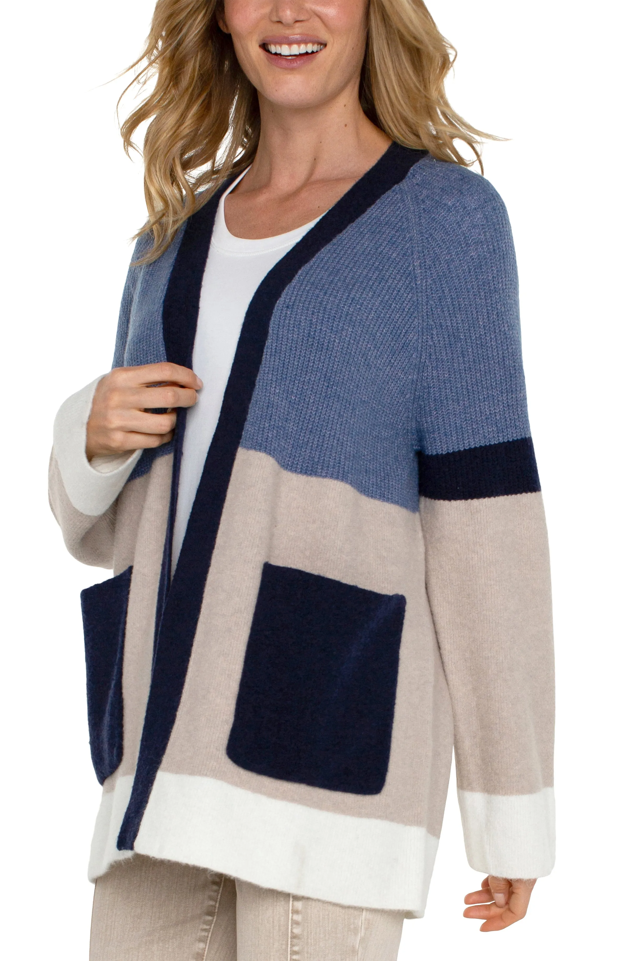 L/S OPEN FRONT COLOR BLOCK SWEATER