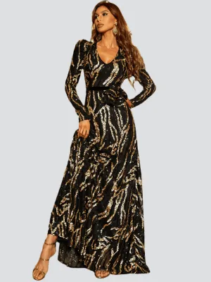 Maxi Sequin Formal Dress With Belt Bow Tie XJ903
