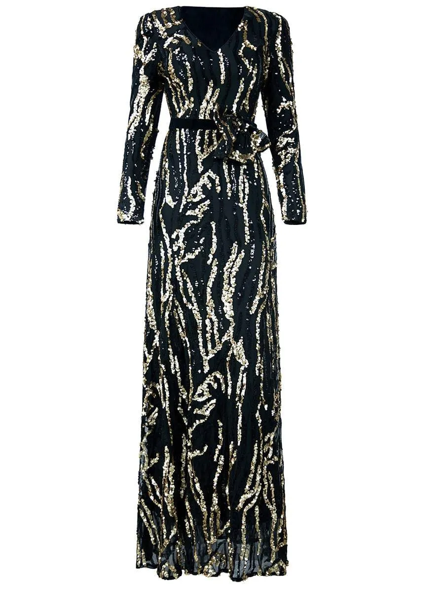 Maxi Sequin Formal Dress With Belt Bow Tie XJ903