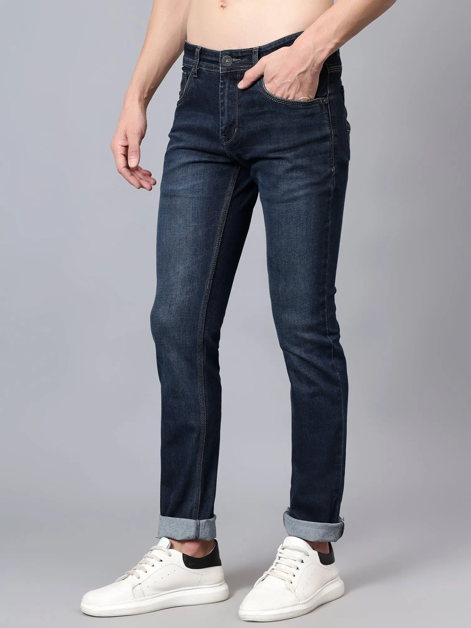 Men's Dark Blue Solid Full Length Stretchable Jeans
