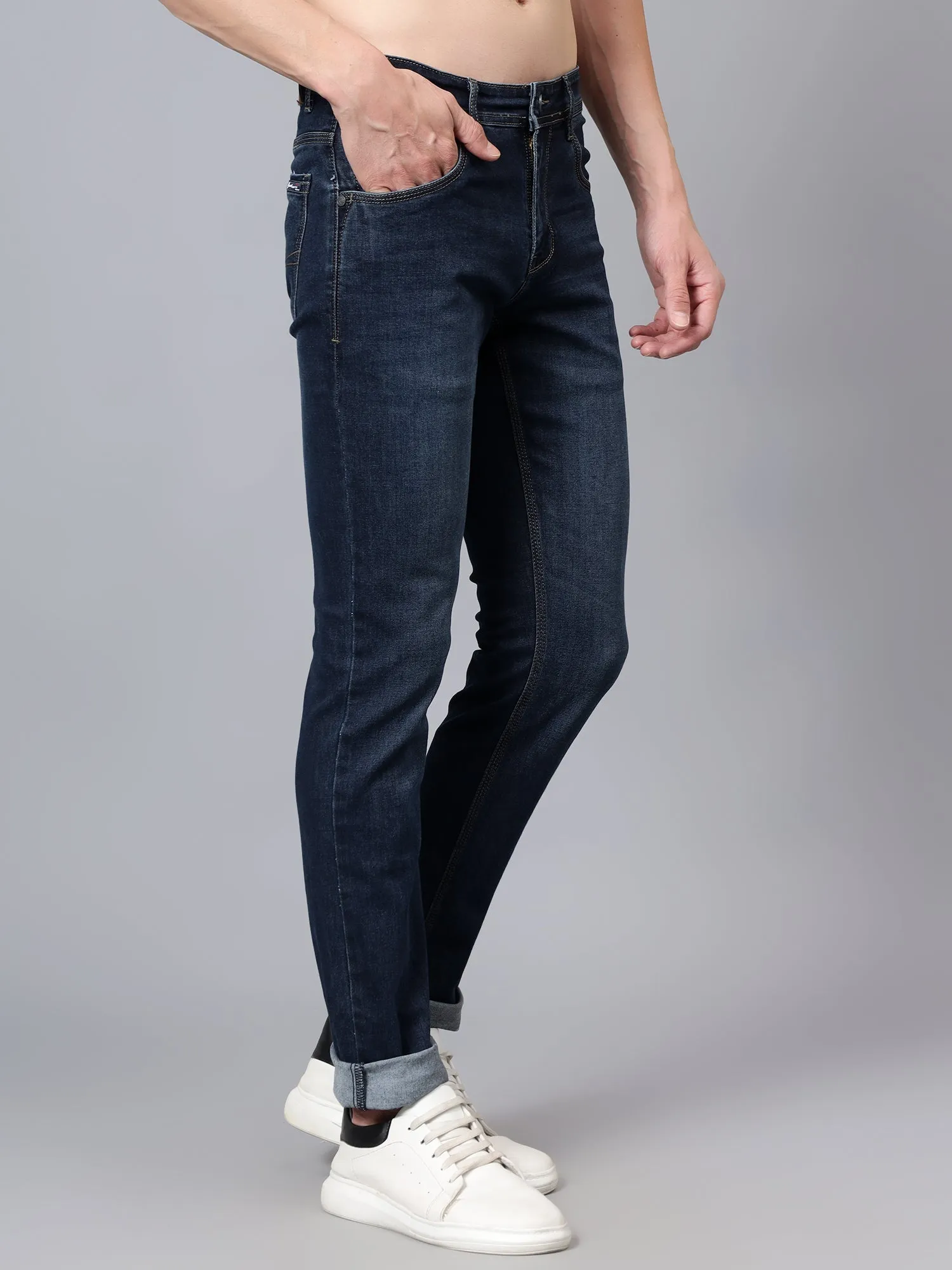 Men's Dark Blue Solid Full Length Stretchable Jeans