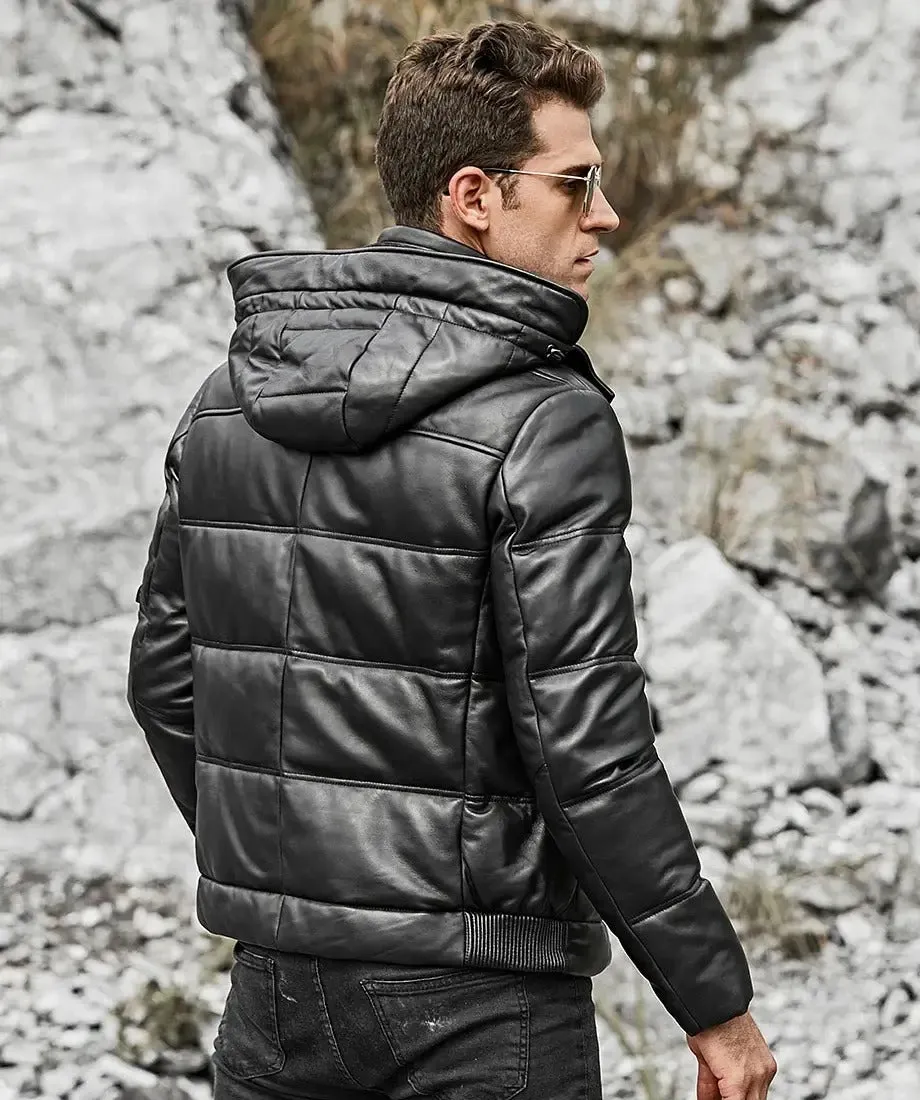 Men’s Leather Puffer Jacket Removable Hooded