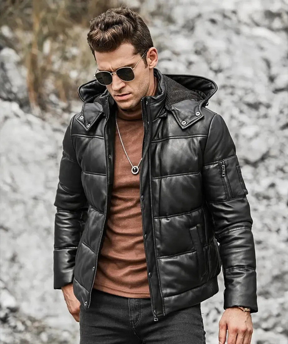 Men’s Leather Puffer Jacket Removable Hooded