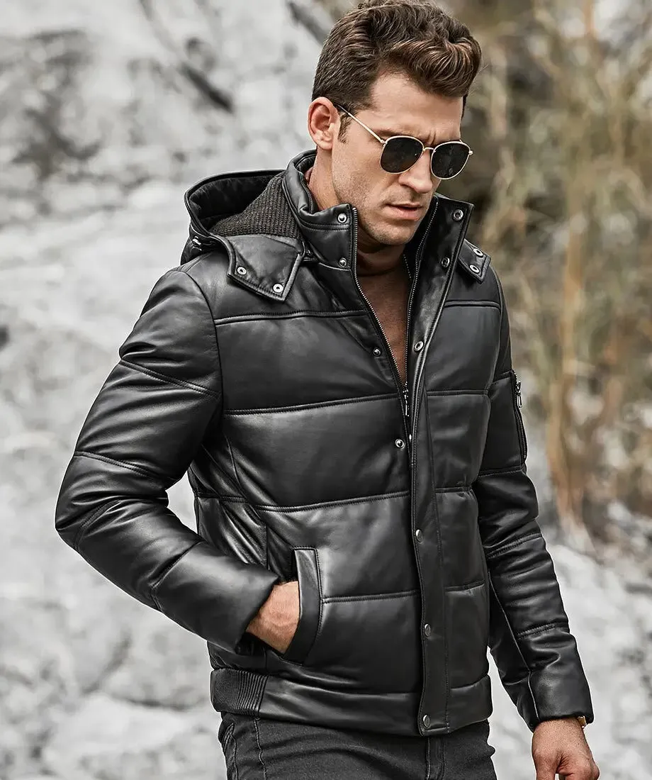 Men’s Leather Puffer Jacket Removable Hooded