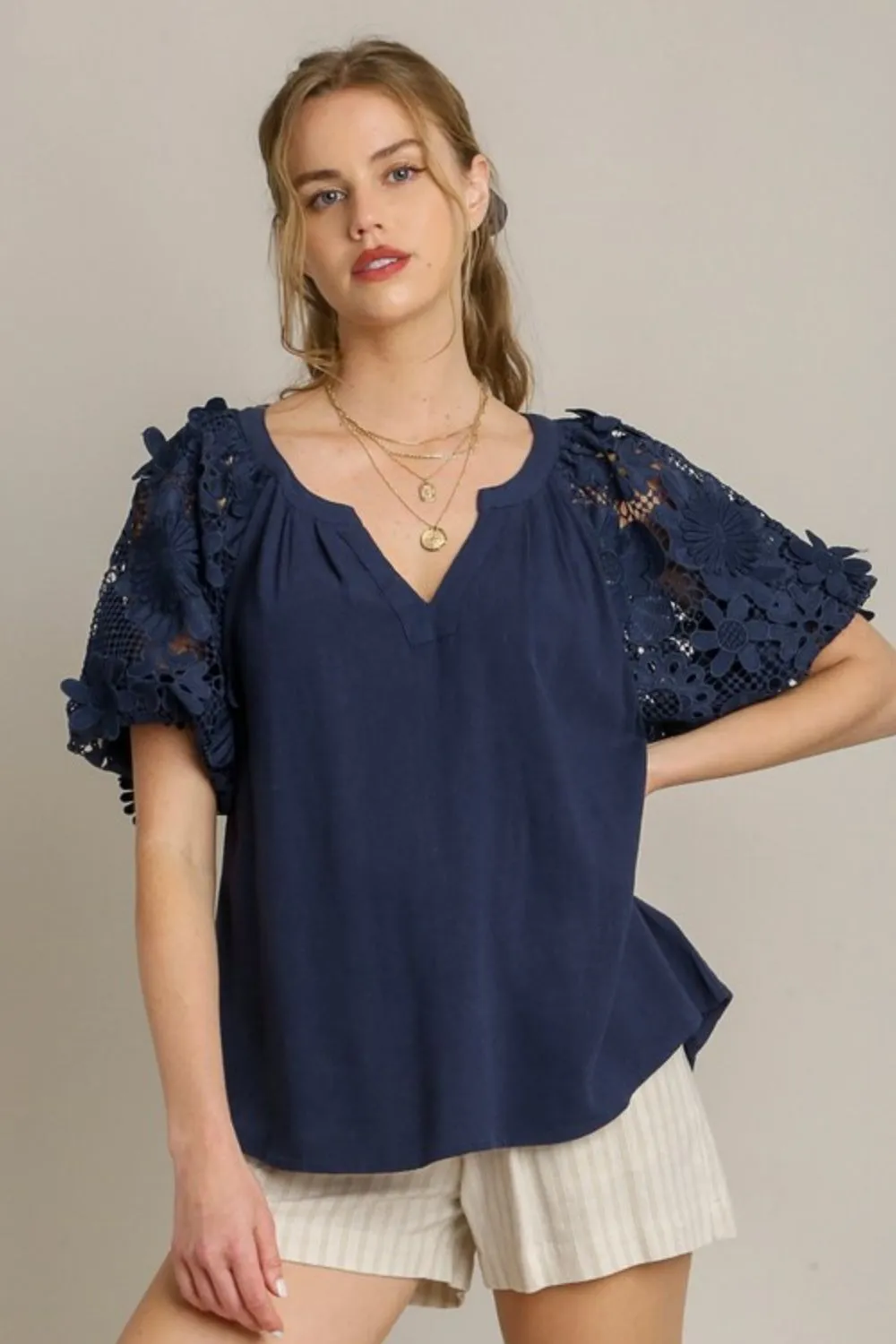 Midnight Bloom Lace Sleeve Blouse