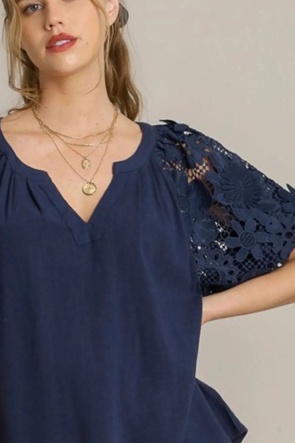 Midnight Bloom Lace Sleeve Blouse