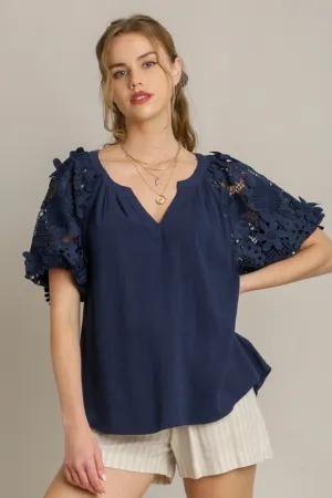 Midnight Bloom Lace Sleeve Blouse