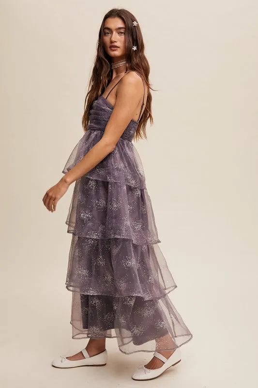Mocha Grey Layered Glitter Tulle Dress
