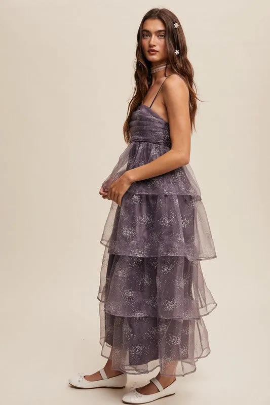 Mocha Grey Layered Glitter Tulle Dress