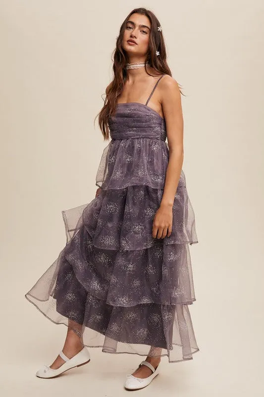 Mocha Grey Layered Glitter Tulle Dress