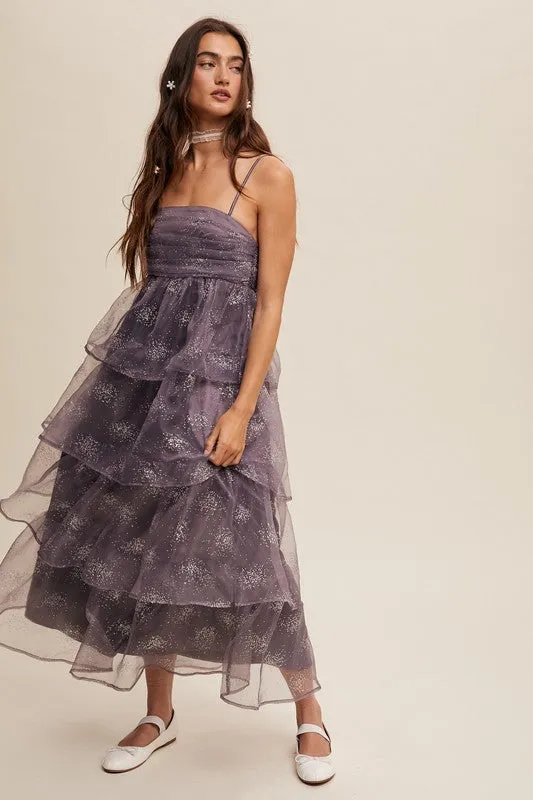 Mocha Grey Layered Glitter Tulle Dress