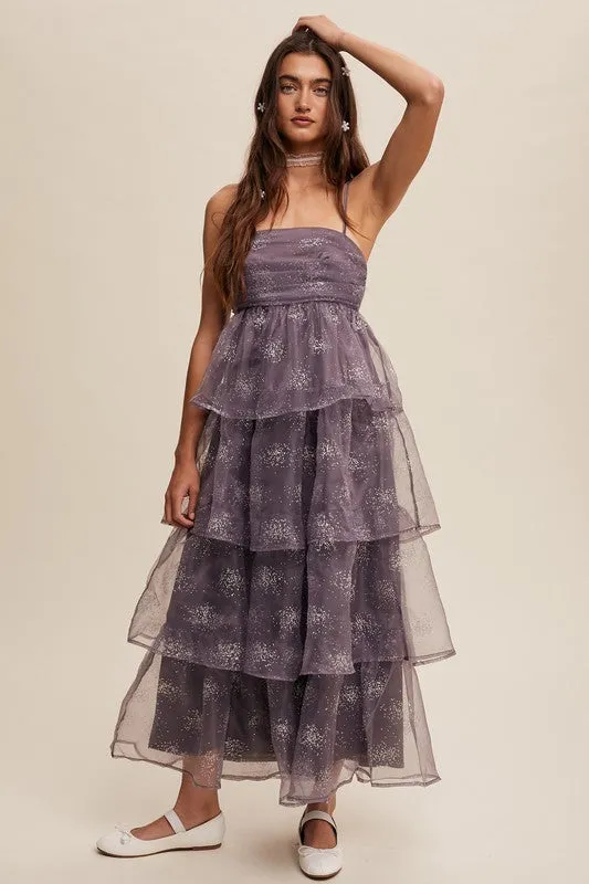 Mocha Grey Layered Glitter Tulle Dress