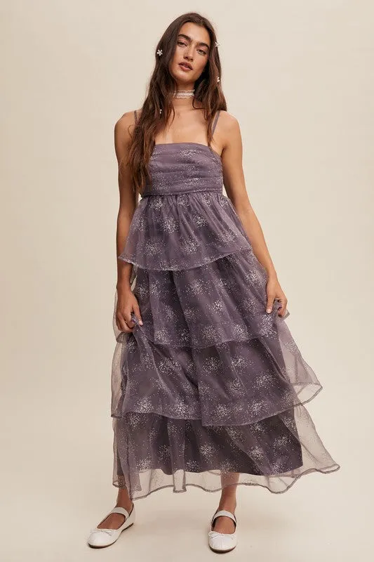 Mocha Grey Layered Glitter Tulle Dress