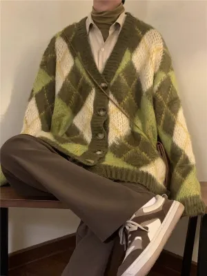 Nagawl Retro V-Neck Argyle Cardigan