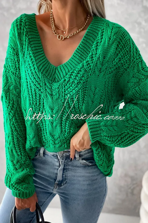 Olivier Hollow Twisted Cord V Neck Long Sleeved Sweater
