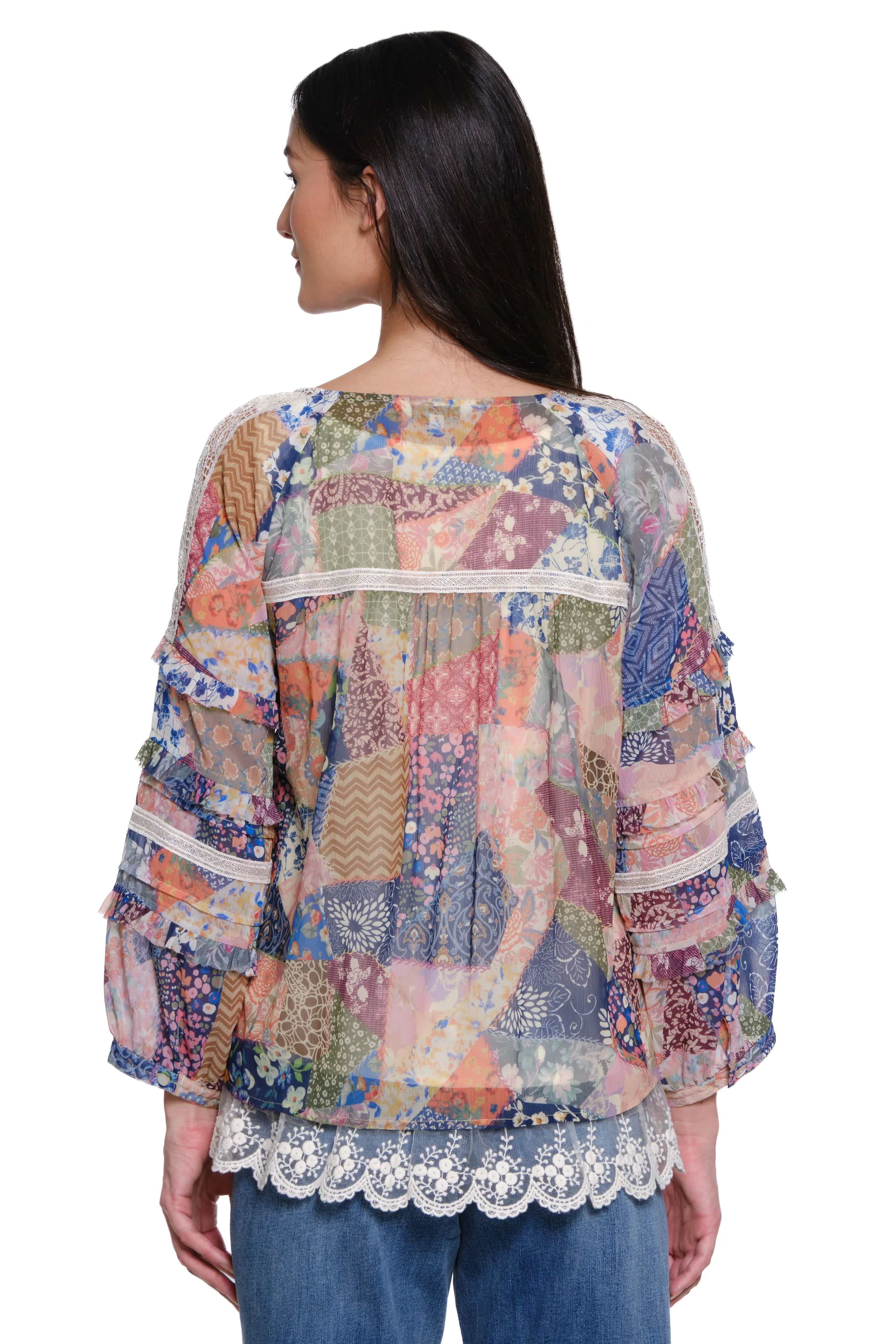 Peasant Top with Lace Hem - Patch Print
