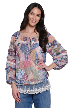 Peasant Top with Lace Hem - Patch Print
