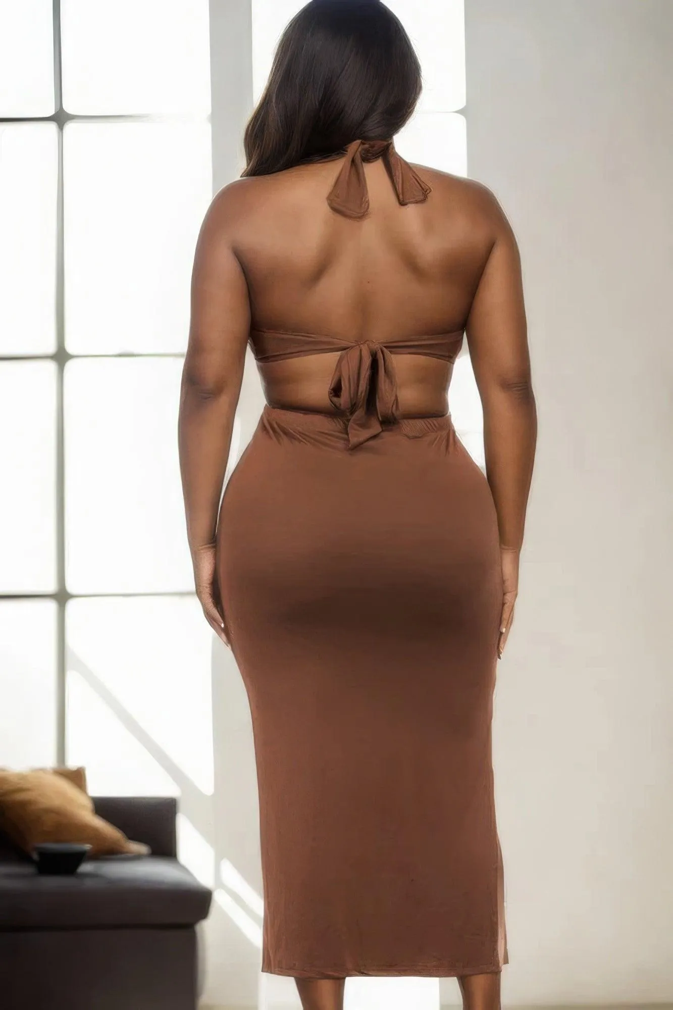 Plus Size Cut-out Halter Neck Double Back