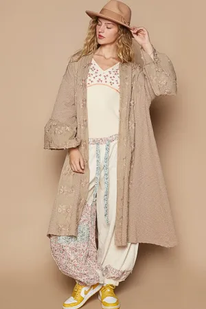POL Flower Lace Trim Open Front Longline Cardigan in Khaki