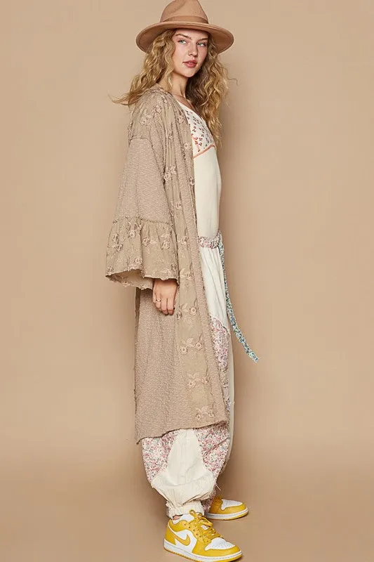 POL Flower Lace Trim Open Front Longline Cardigan in Khaki